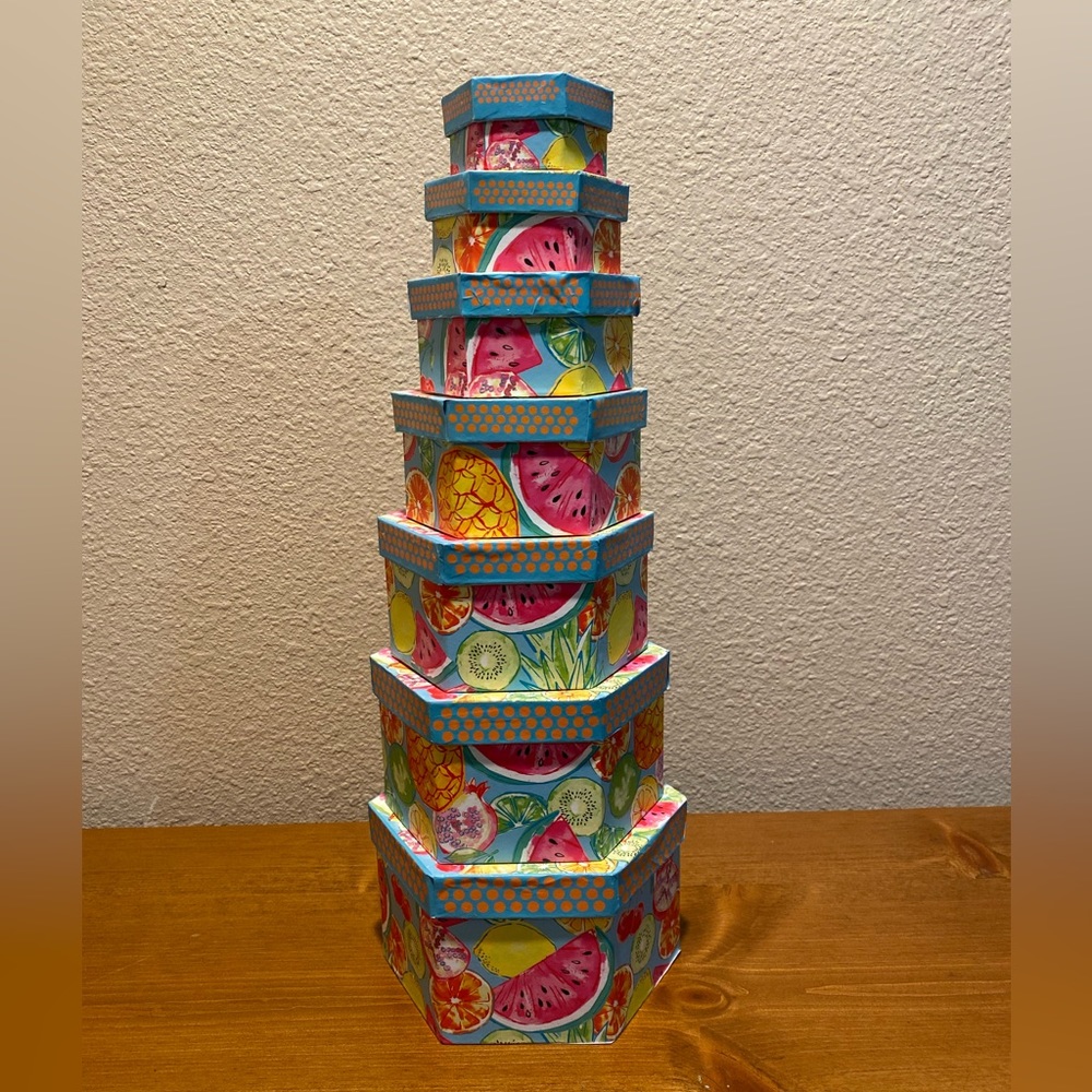 Fruit Themed Storage Nesting Boxes Set Of 7, Lemons Limes Pineapples Orange Box
